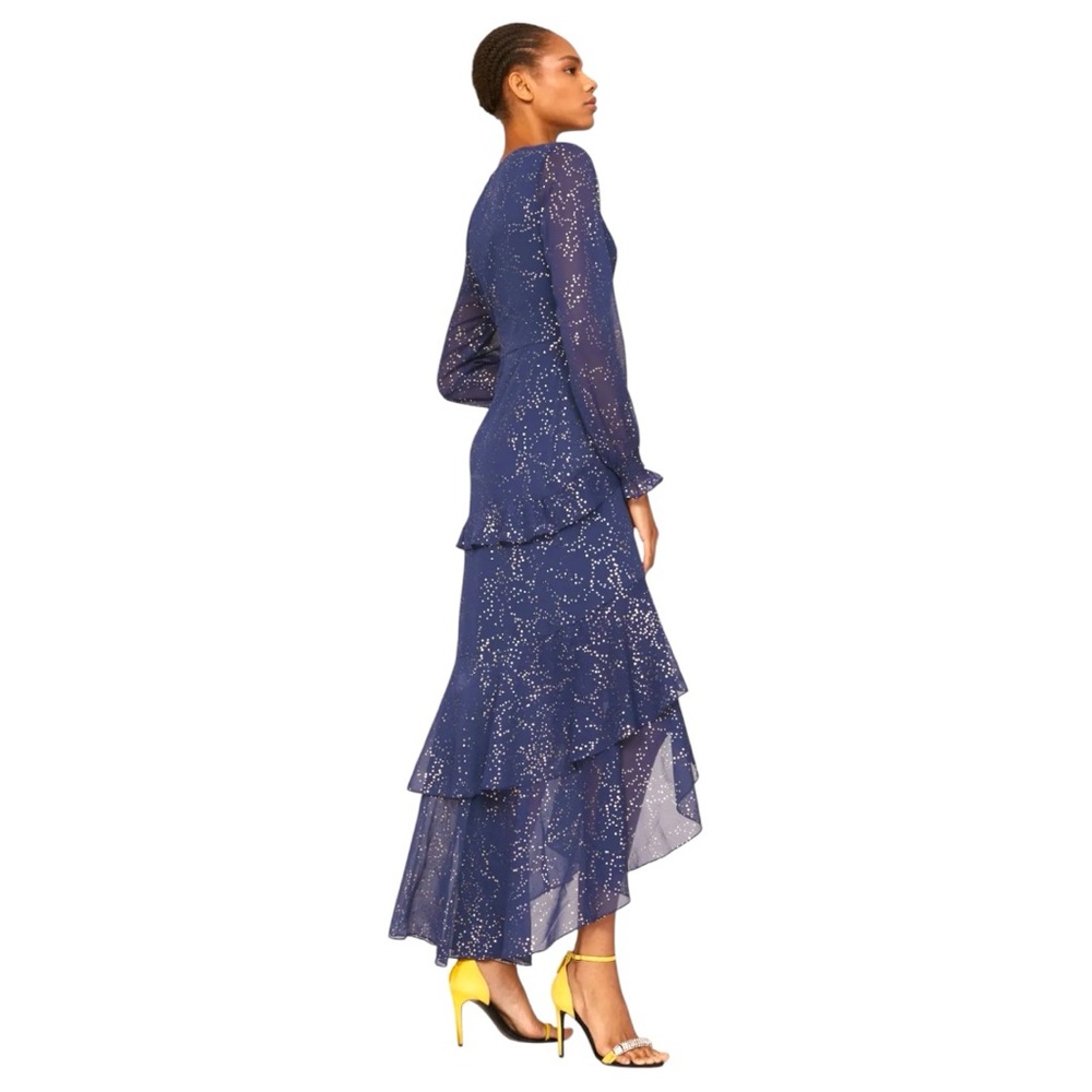 Anthropologie Hutch Molly Gown Navy Gold Sparkly Chiffon Ruffled Tiered Small 00 - Picture 9 of 15